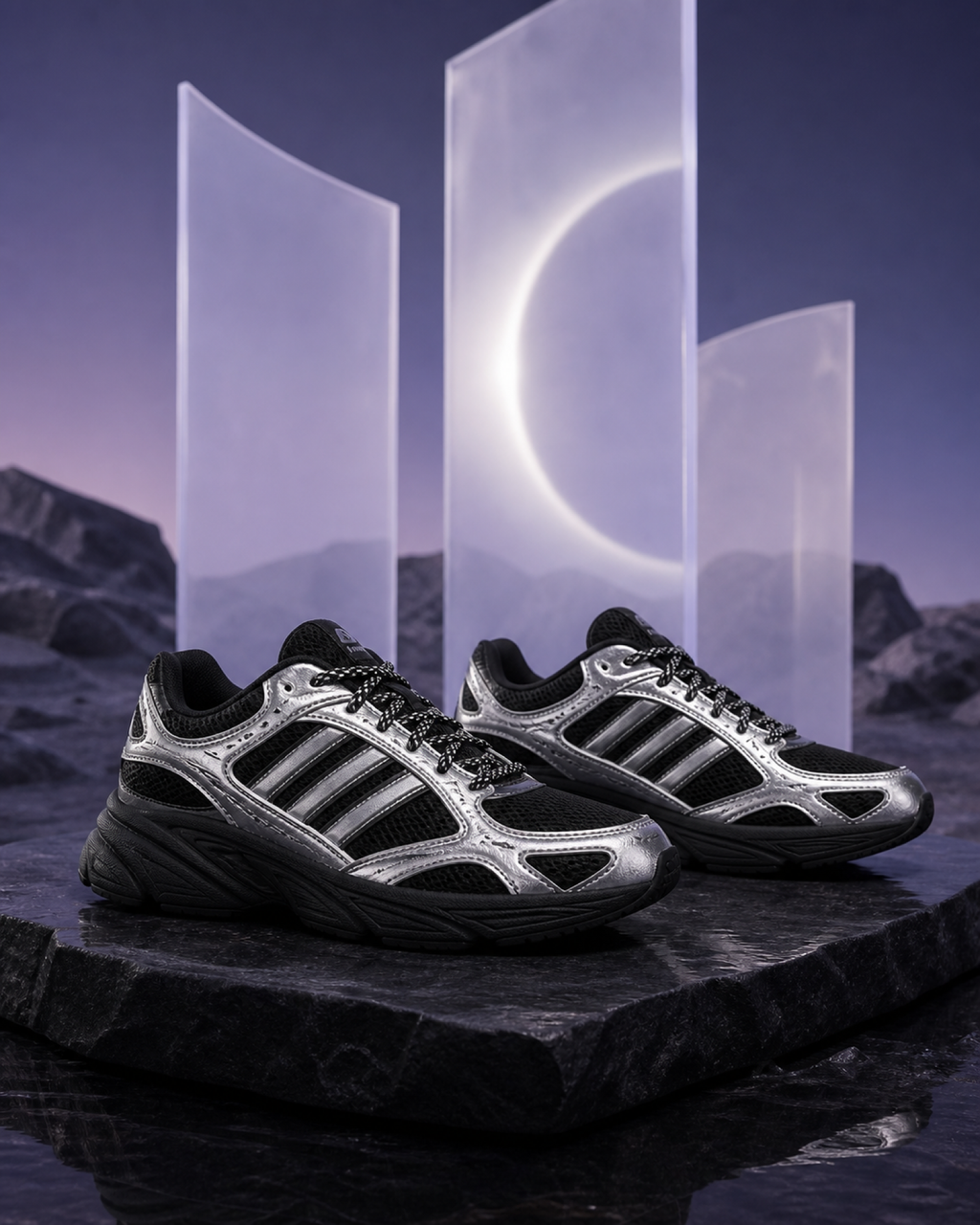 Adidas WHISPER GLIDE 銀黑 黑 復古 女鞋 平底 金屬 銀色 KH6932