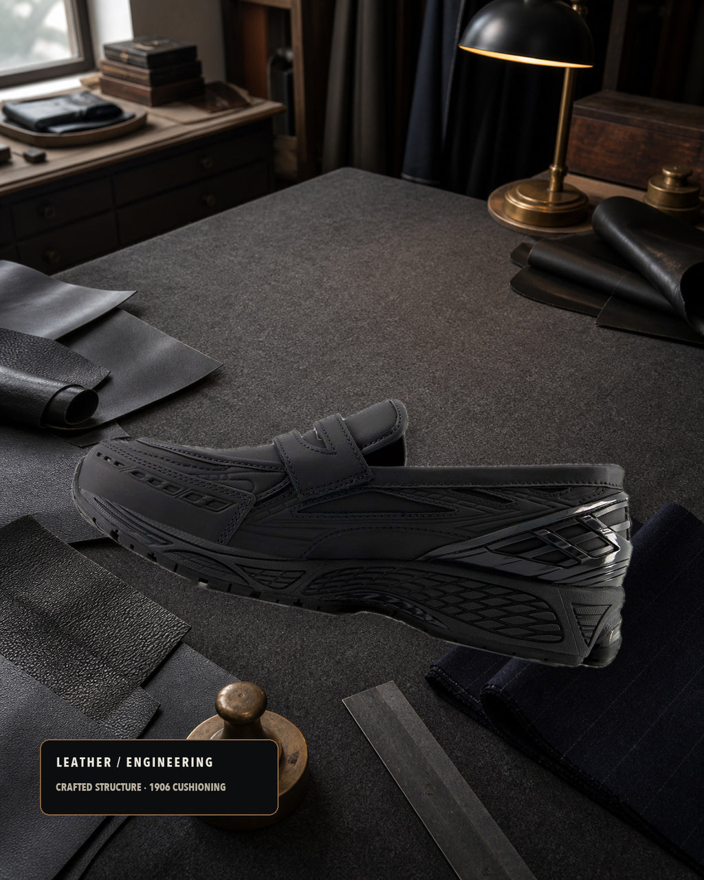New Balance 1906L U1906LBN 全黑樂福鞋內側，置於皮革與西裝布料工坊桌面