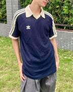 ADIDAS ORIGINALS 螺紋翻領短袖上衣三線 米白JV9265 海軍藍KB5461