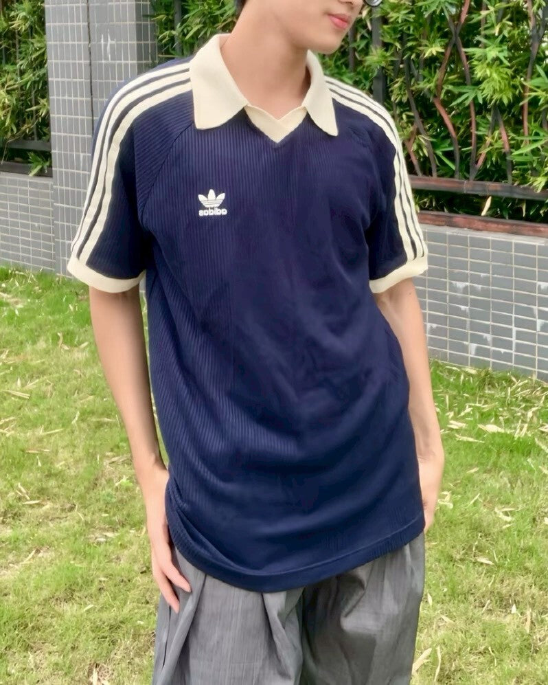 ADIDAS ORIGINALS 螺紋翻領短袖上衣三線 米白JV9265 海軍藍KB5461