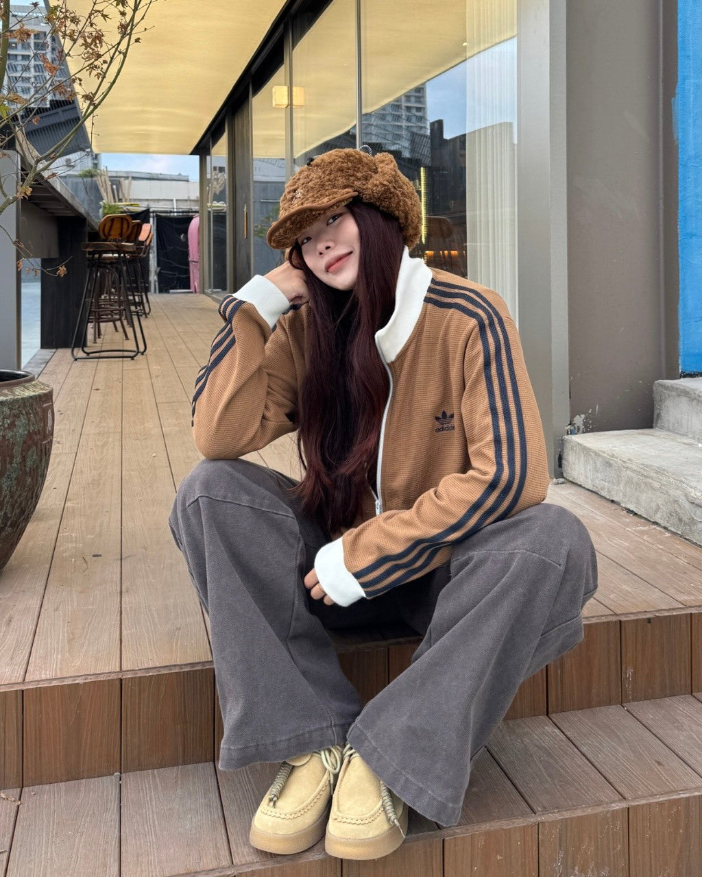 Adidas 華夫格外套 金珉圭/邊伯賢同款 泰奶棕