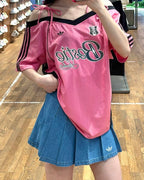 ADIDAS ORIGINALS 美式露肩吊帶蕊絲球衣寬鬆短袖上衣 深藍KU4756 玫瑰粉KU4757