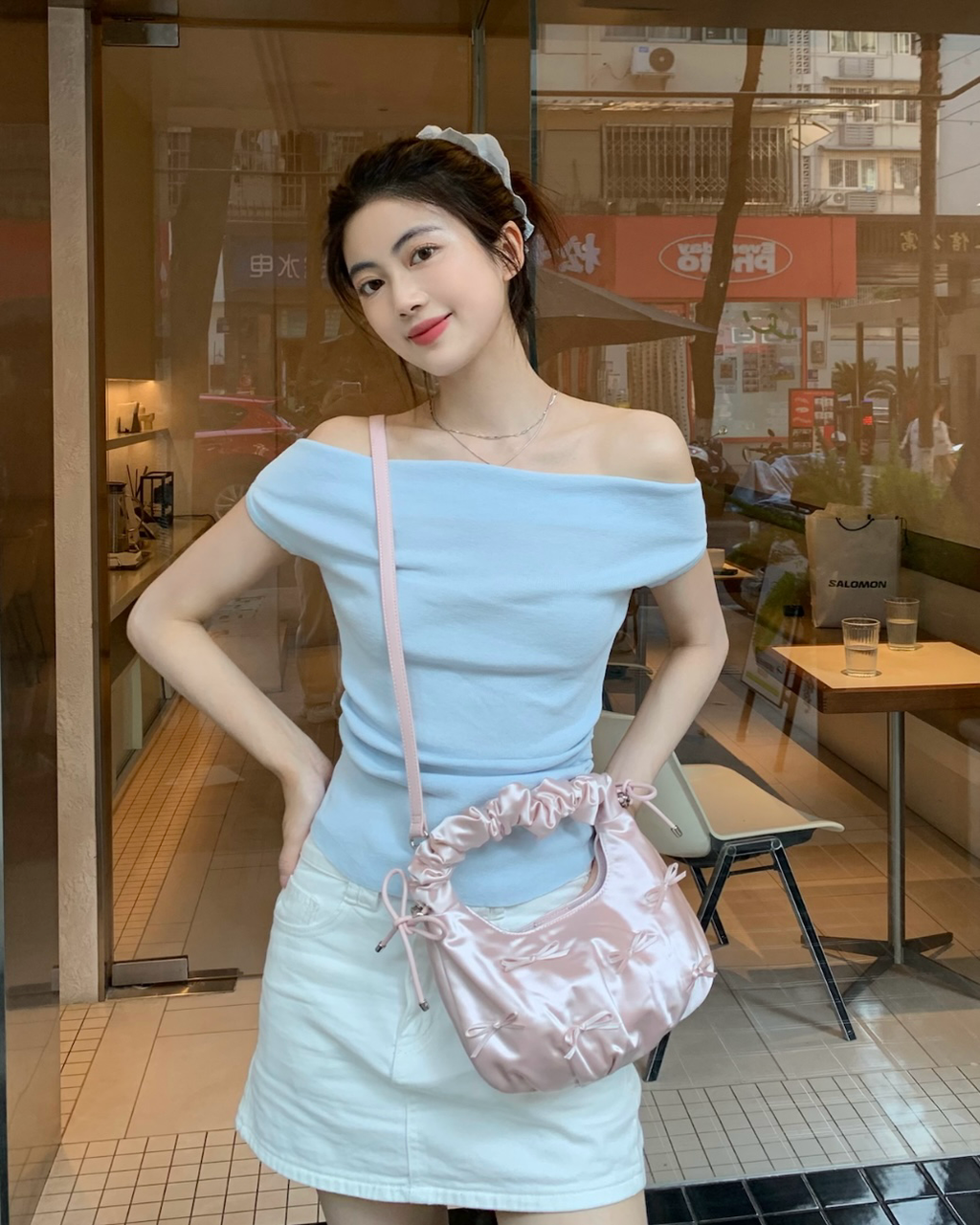 CHARLES & KEITH 小CK 粉色絲緞蝴蝶結皺摺綡繩雲朵包肩背包手提包CK2-40151496