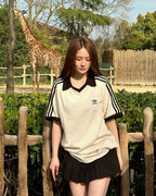 ADIDAS ORIGINALS 螺紋翻領短袖上衣三線 米白JV9265 海軍藍KB5461