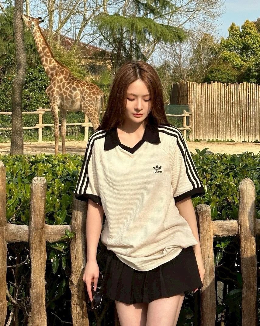 ADIDAS ORIGINALS 螺紋翻領短袖上衣三線 米白JV9265 海軍藍KB5461