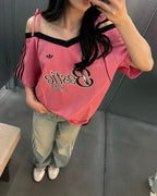 ADIDAS ORIGINALS 美式露肩吊帶蕊絲球衣寬鬆短袖上衣 深藍KU4756 玫瑰粉KU4757