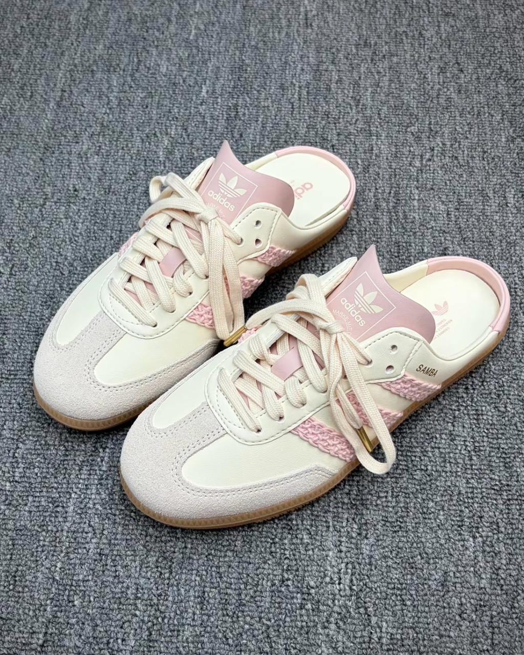 ADIDAS ORIGINAL SAMBA MULE 粉白色焦糖底編織包頭鞋穆勒鞋拖鞋半拖女鞋HP5052
