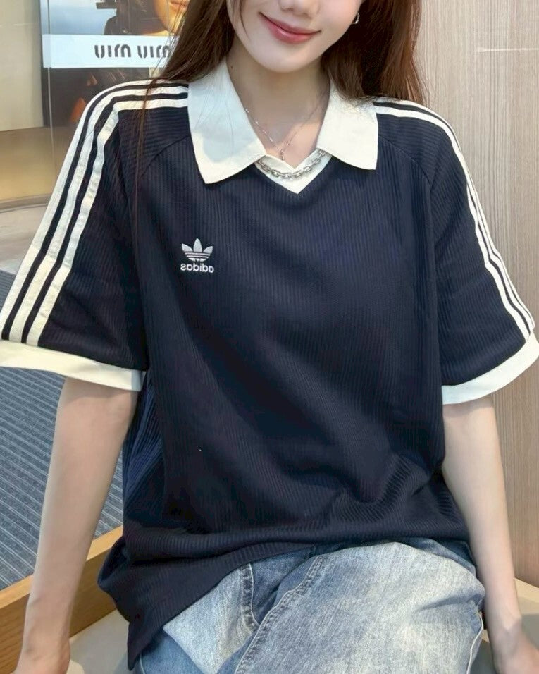 ADIDAS ORIGINALS 螺紋翻領短袖上衣三線 米白JV9265 海軍藍KB5461