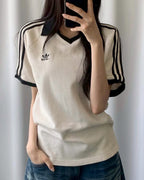 ADIDAS ORIGINALS 螺紋翻領短袖上衣三線 米白JV9265 海軍藍KB5461