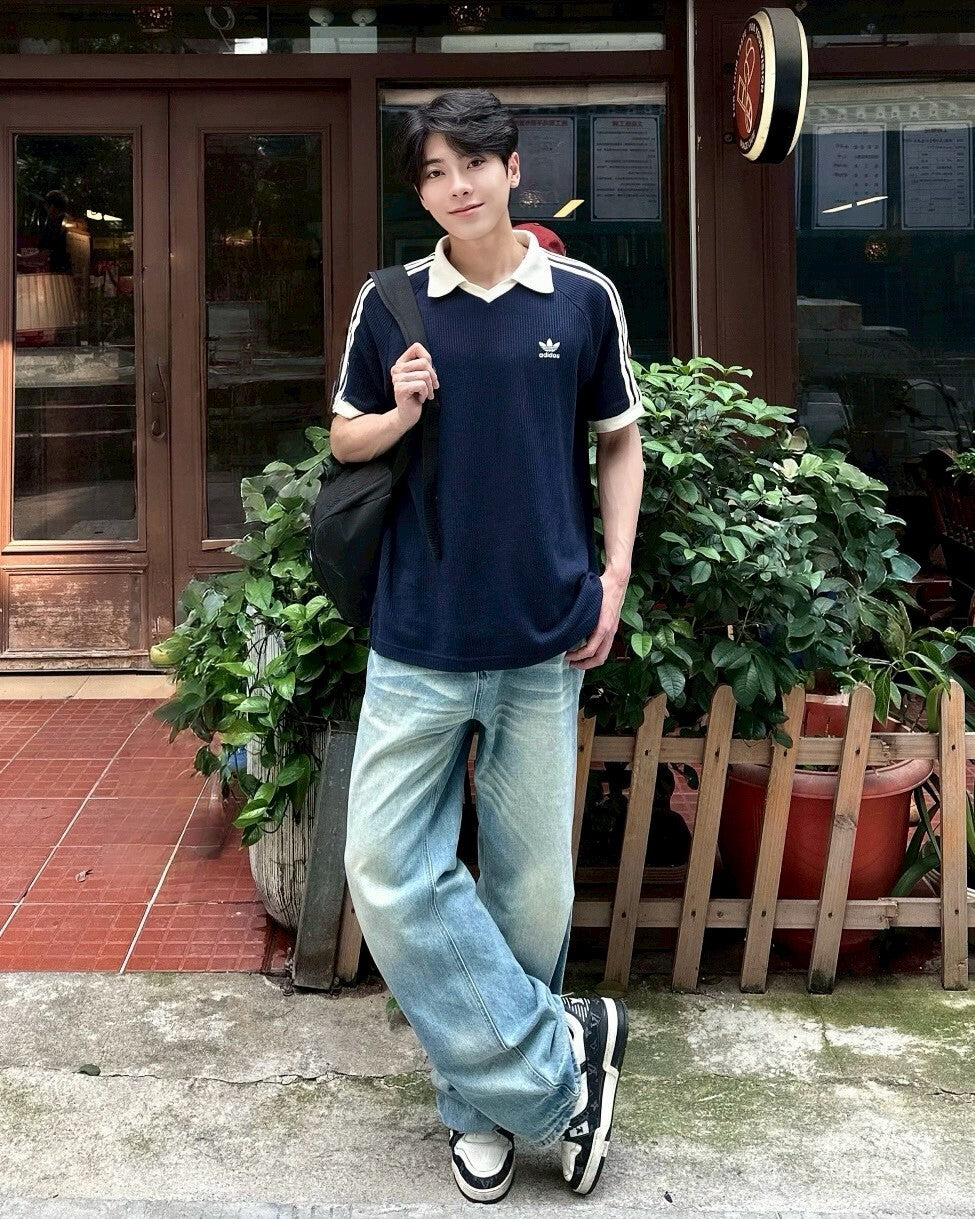 ADIDAS ORIGINALS 螺紋翻領短袖上衣三線 米白JV9265 海軍藍KB5461