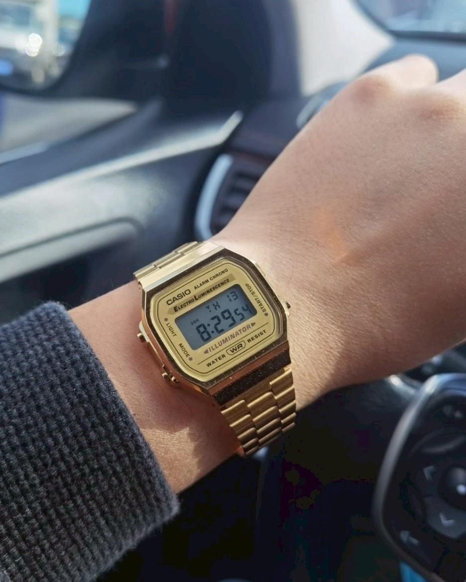 CASIO 卡西歐 VINTAGE A168 金色復古數位多功能防水可調式錶帶手錶小方錶
