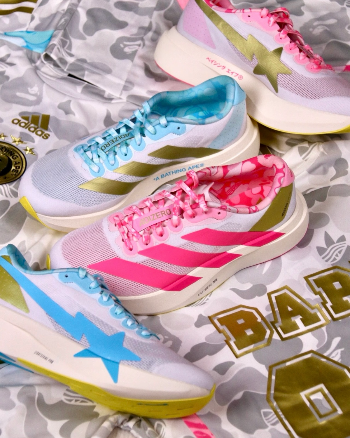 ADIDAS x BAPE ADIZERO EVO SL 藍粉鸳鴦鞋 不對稱 聯名款 跑鞋 運動鞋KJ5751