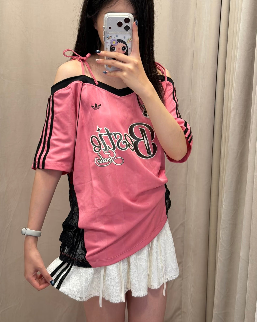 ADIDAS ORIGINALS 美式露肩吊帶蕊絲球衣寬鬆短袖上衣 深藍KU4756 玫瑰粉KU4757