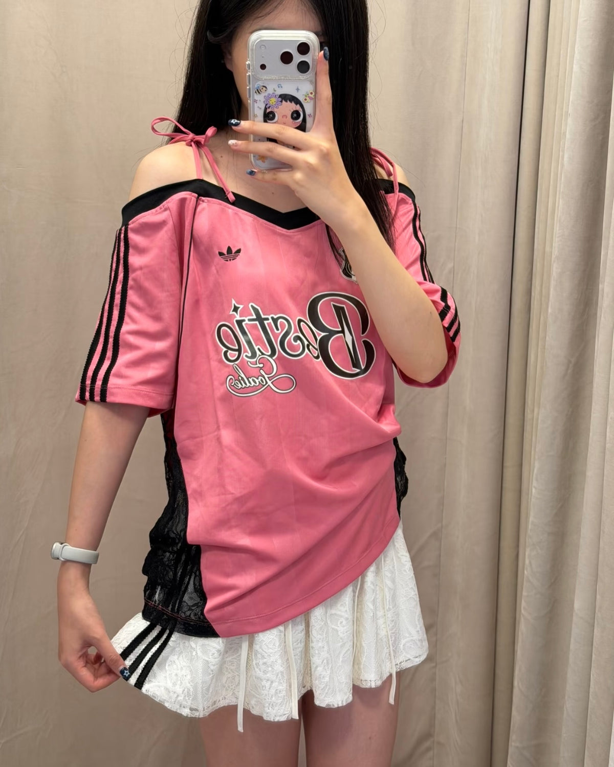 ADIDAS ORIGINALS 美式露肩吊帶蕊絲球衣寬鬆短袖上衣 深藍KU4756 玫瑰粉KU4757