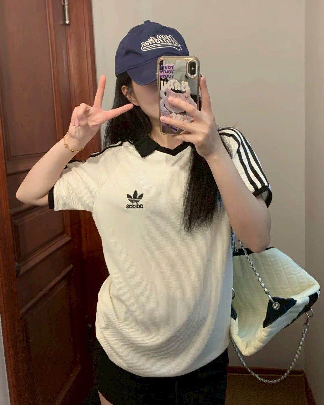 ADIDAS ORIGINALS 螺紋翻領短袖上衣三線 米白JV9265 海軍藍KB5461