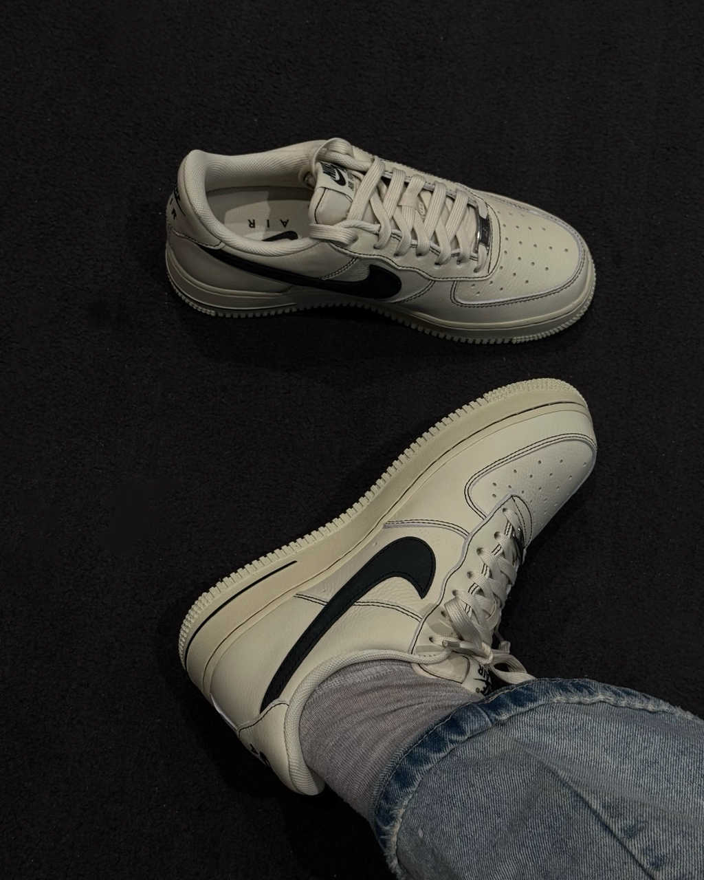 NIKE AIR FORCE 1 LOW 椰奶 米色 黑色 縫線 黑勾 復古 休閑鞋 HQ2037-200