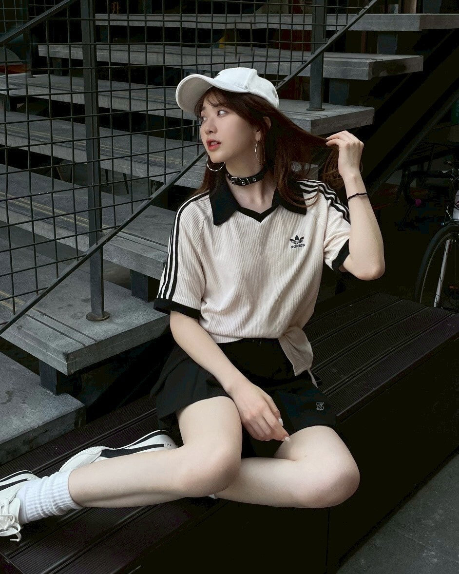 ADIDAS ORIGINALS 螺紋翻領短袖上衣三線 米白JV9265 海軍藍KB5461