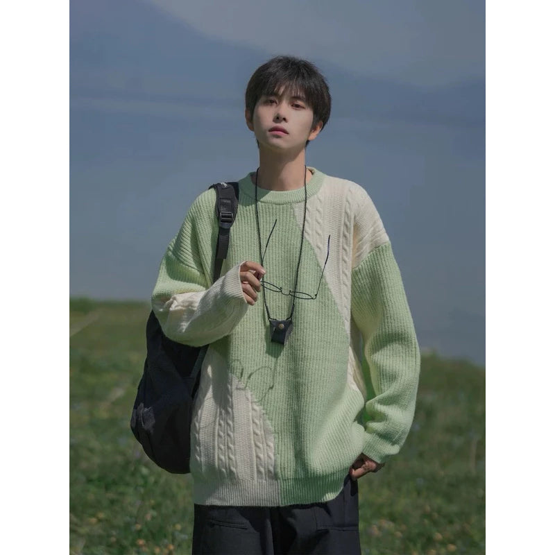 SeanHeart 美式復古類貂毛毛衣 撞色 提花 寬鬆慵懶風格 冬季 男女同款