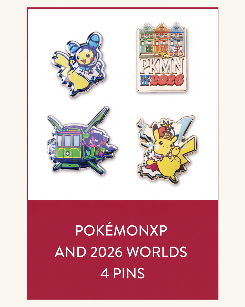 WCS 主視覺 Pin 組｜PokémonXP × Worlds 4 入｜官方商品圖